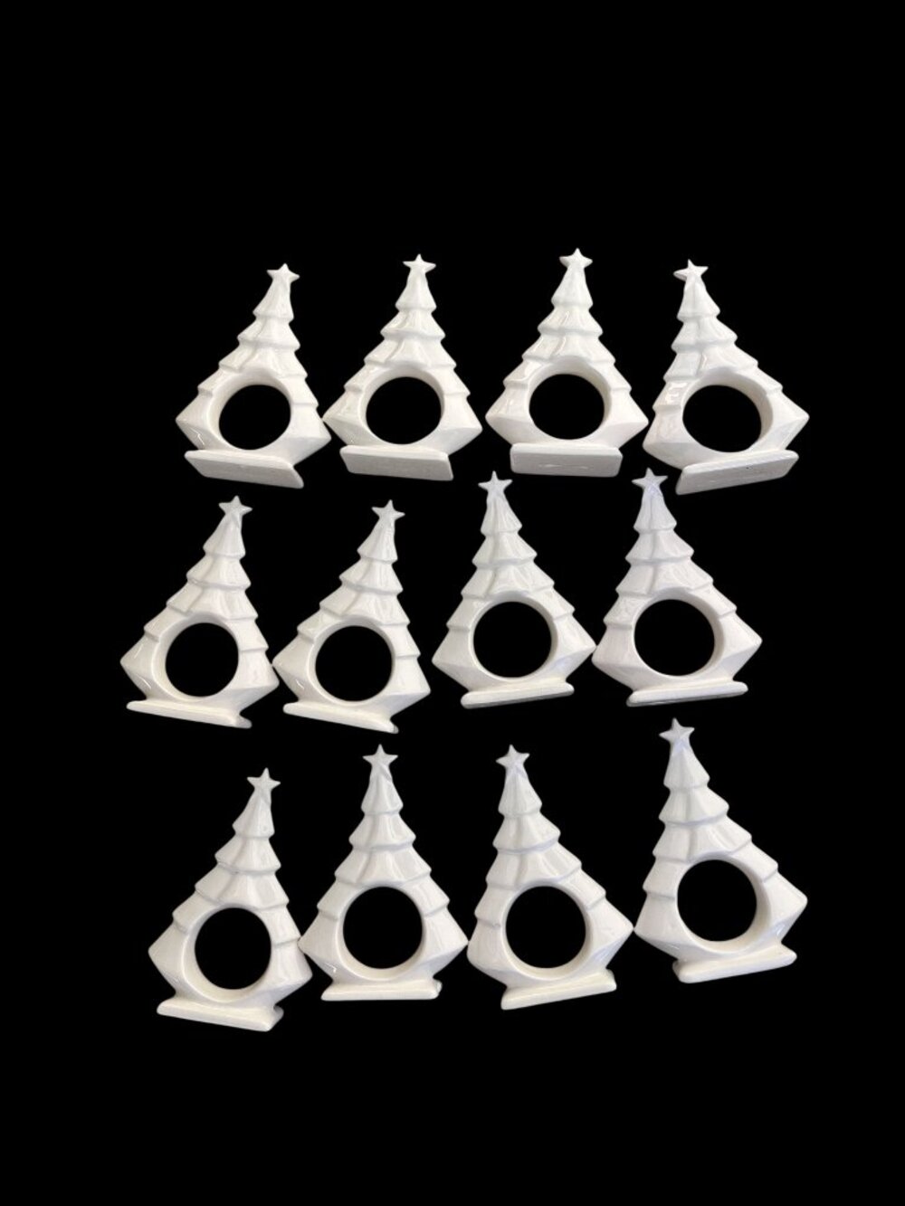 Ceramic White Christmas Tree Napkin Rings Set of 12 4-1/2" Each